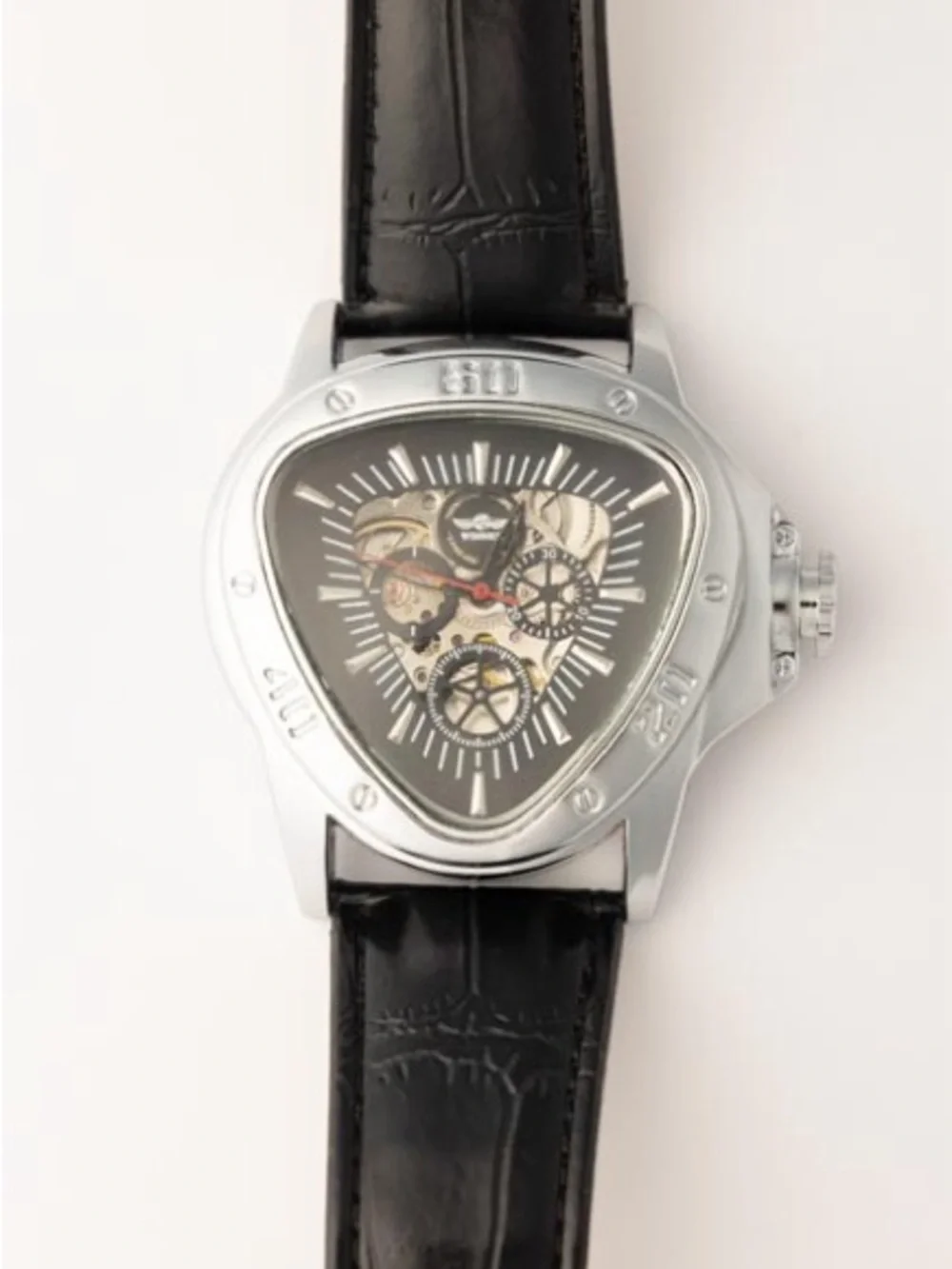 Triangular Silver Case Skeleton Dial Watch with Black Leather Strap